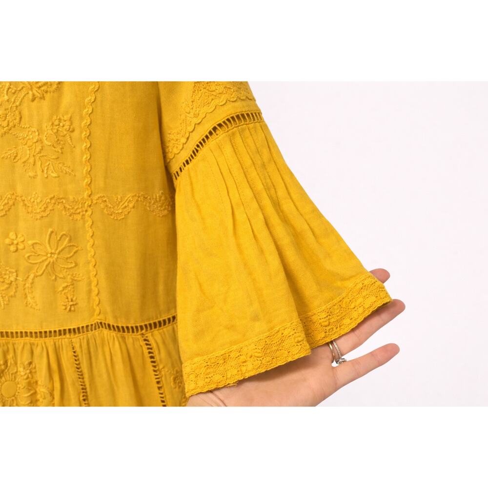 Anthropologie Yellow Embroidered Midi Dress Size S Boho Cottagecore Prairie - Picture 3 of 3